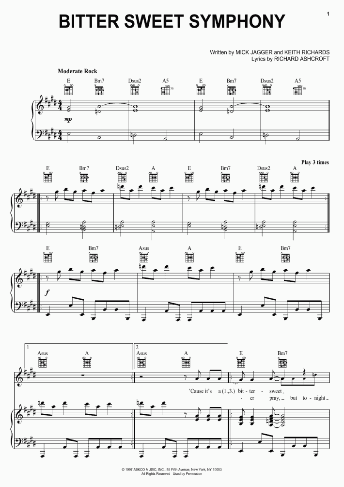 Bitter Sweet Symphony Piano Sheet Music OnlinePianist