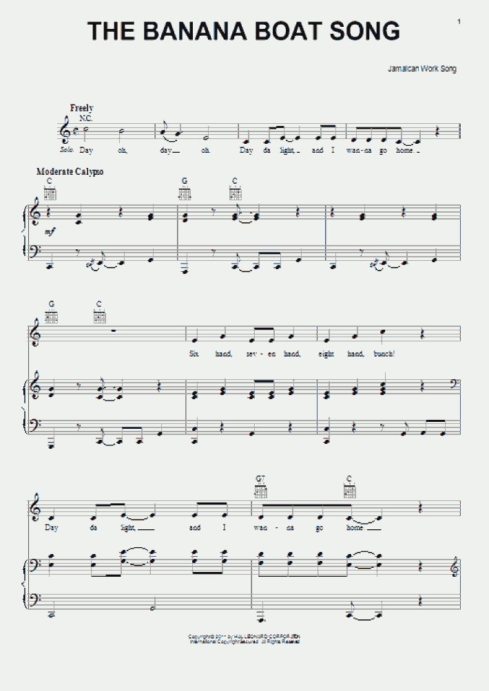 The Banana Boat Song Piano Sheet Music