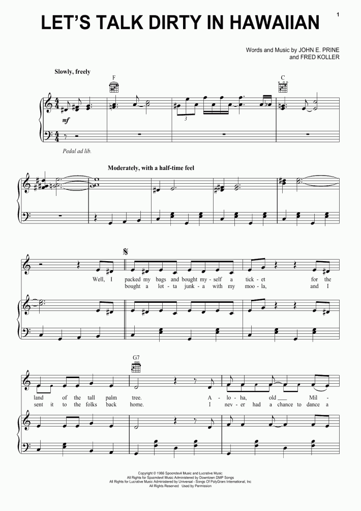 Let S Talk Dirty In Hawaiian Piano Sheet Music {title:let's talk dirty in hawaiian} {st:john prine/fred koller}. talk dirty in hawaiian piano sheet music
