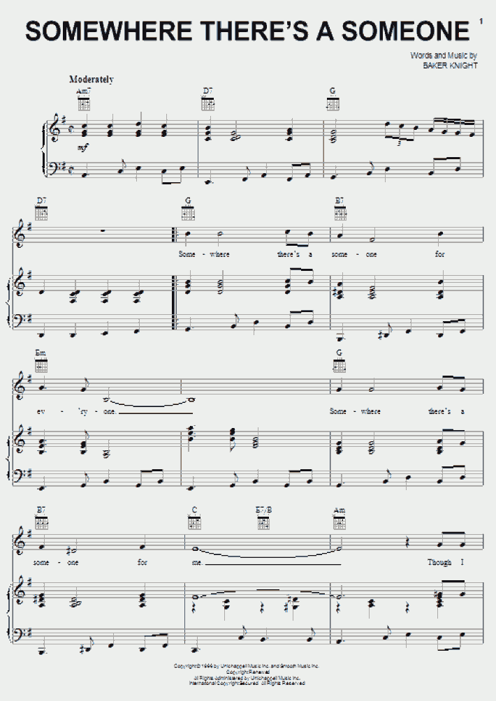 Somewhere There's A Someone Piano Sheet Music