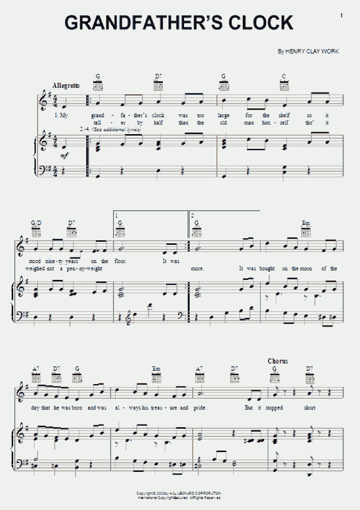 Grandfather's Clock Piano Sheet Music OnlinePianist