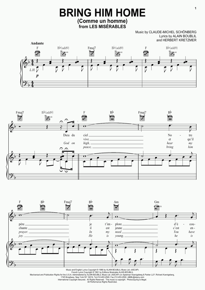 Bring Him Home Piano Sheet Music OnlinePianist