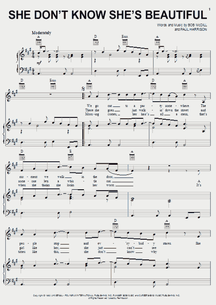 She Don't Know She's Beautiful Piano Sheet Music