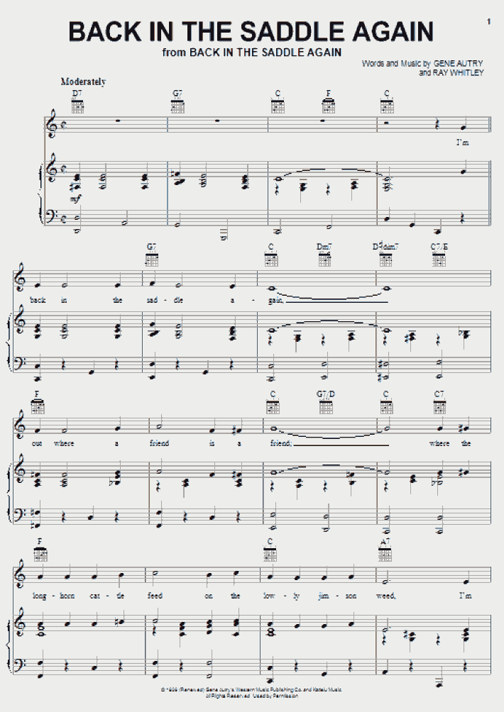 Back In The Saddle Again Piano Sheet Music