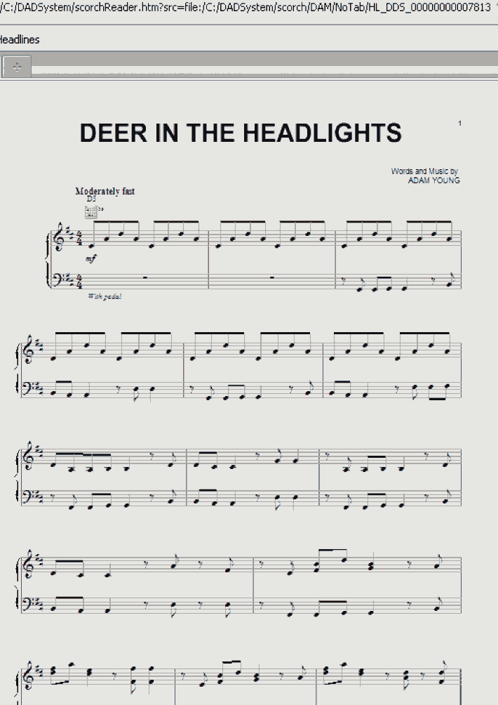 Deer In The Headlights Piano Sheet Music