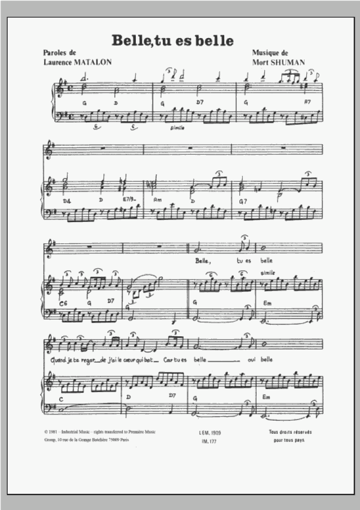 Belle, Tu Es Belle Piano Sheet Music OnlinePianist