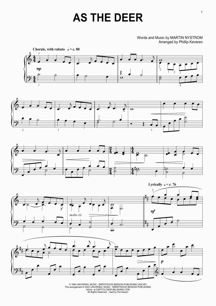 As The Deer Piano Sheet Music OnlinePianist