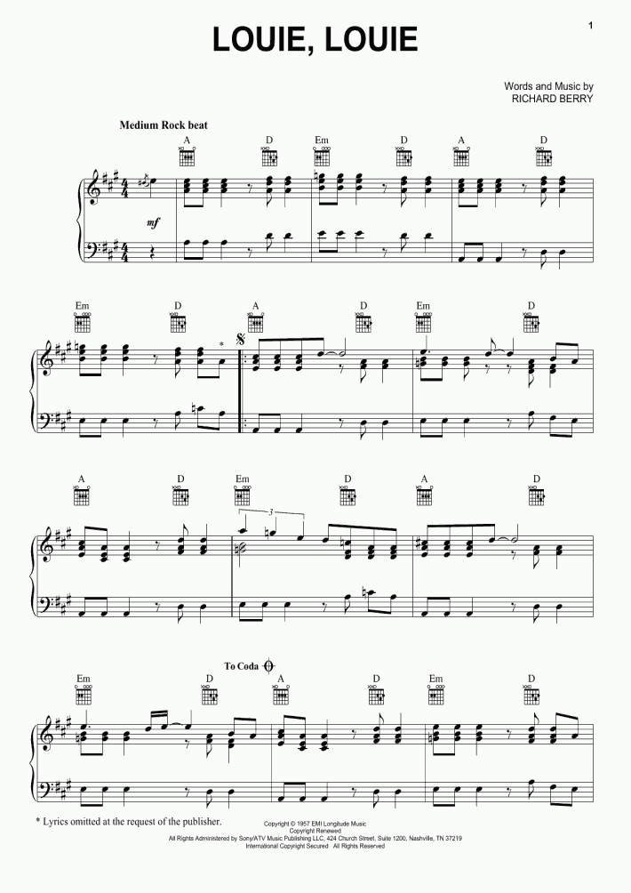 Louie, Louie Piano Sheet Music OnlinePianist