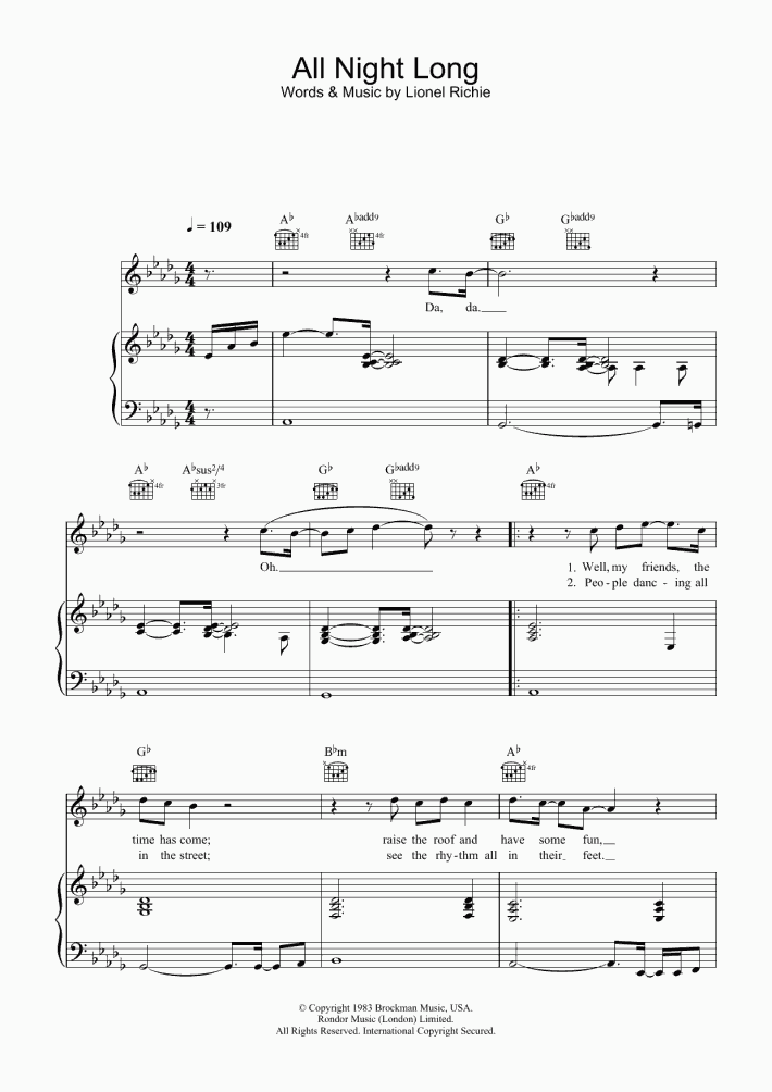 All Night Long Piano Sheet Music OnlinePianist
