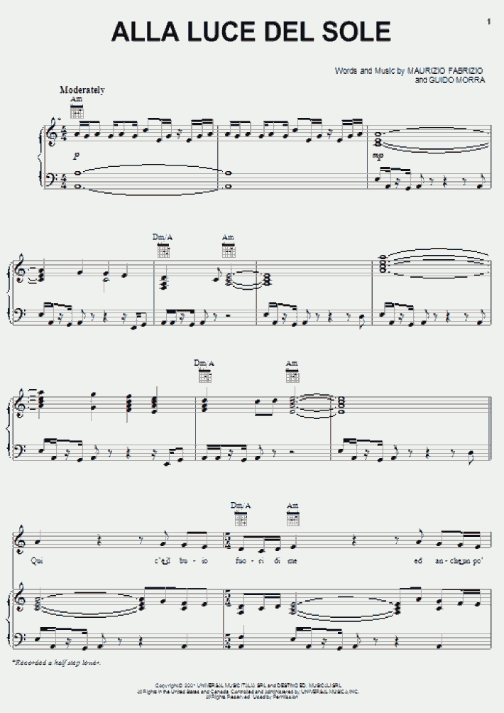 Alla Luce Del Sole Piano Sheet Music Onlinepianist