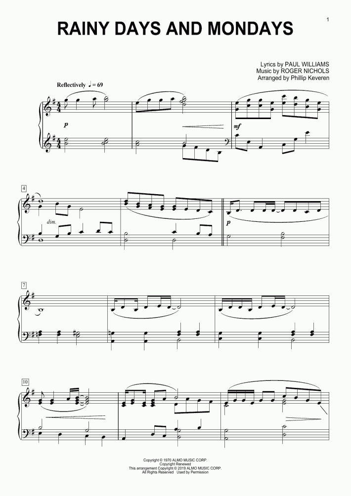 Rainy days and mondays piano sheet music