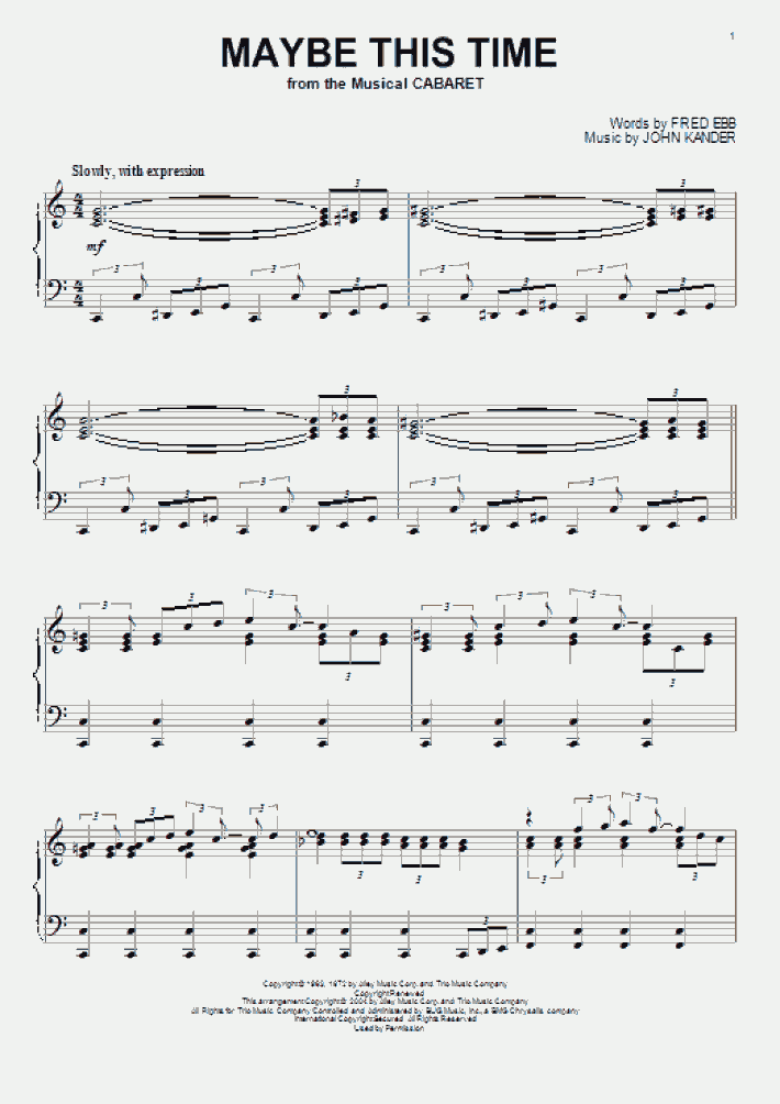 Maybe This Time Piano Sheet Music OnlinePianist