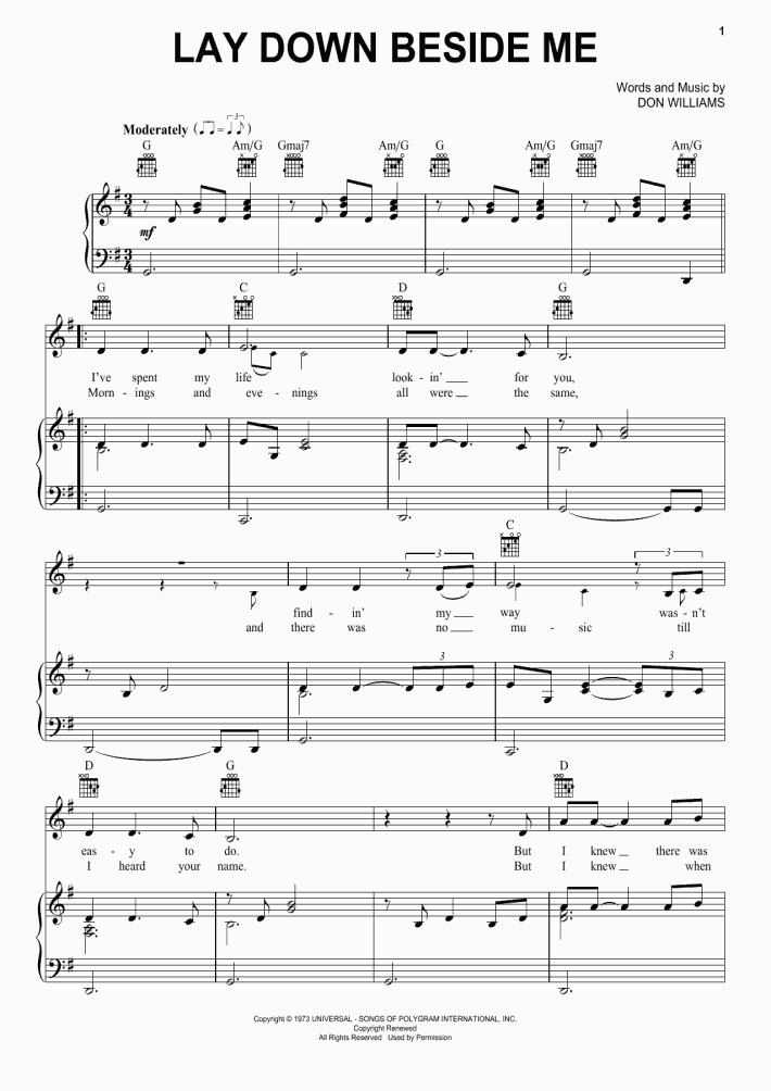 Lay Down Beside Me Piano Sheet Music Onlinepianist