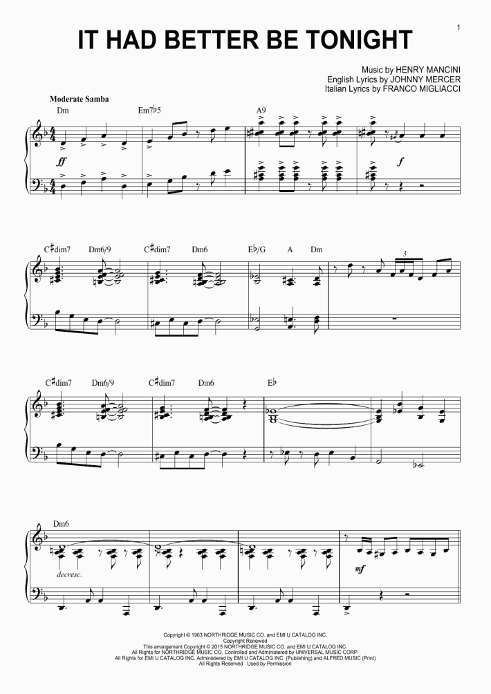 It Had Better Be Tonight Fran Jeffries It Had Better Be Tonight Piano Sheet Music