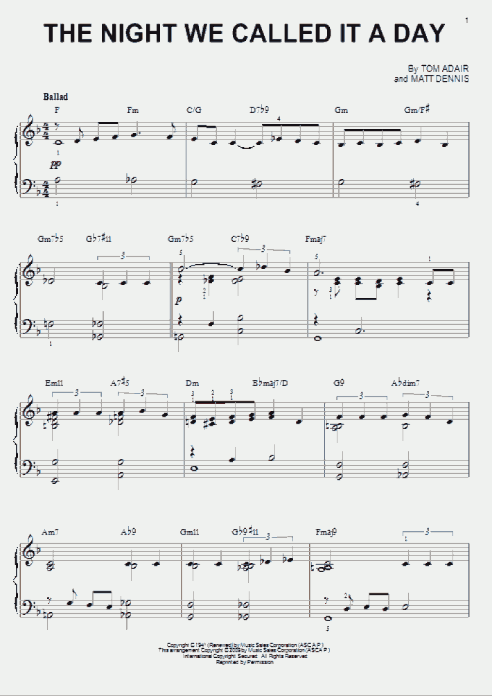The Night We Called It A Day Piano Sheet Music