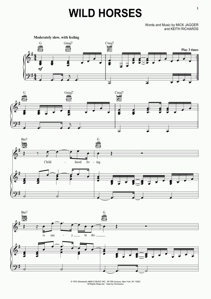 Wild Horses Piano Sheet Music | OnlinePianist
