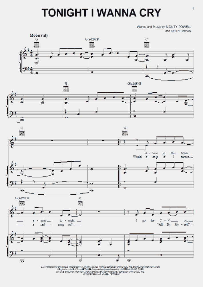 Tonight I Wanna Cry Piano Sheet Music Onlinepianist